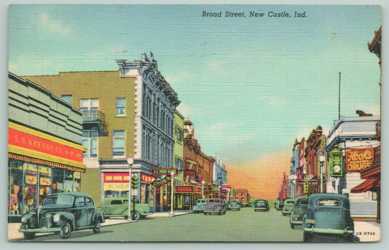 New Castle Indiana~Broad Street~SS Kresge~Corner Drug Store~Bank Clock~1951