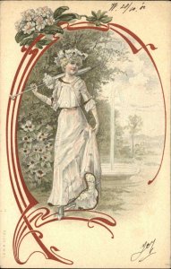 Art Nouveau Beautiful Young Woman Long Dress Parasol c1900 Postcard