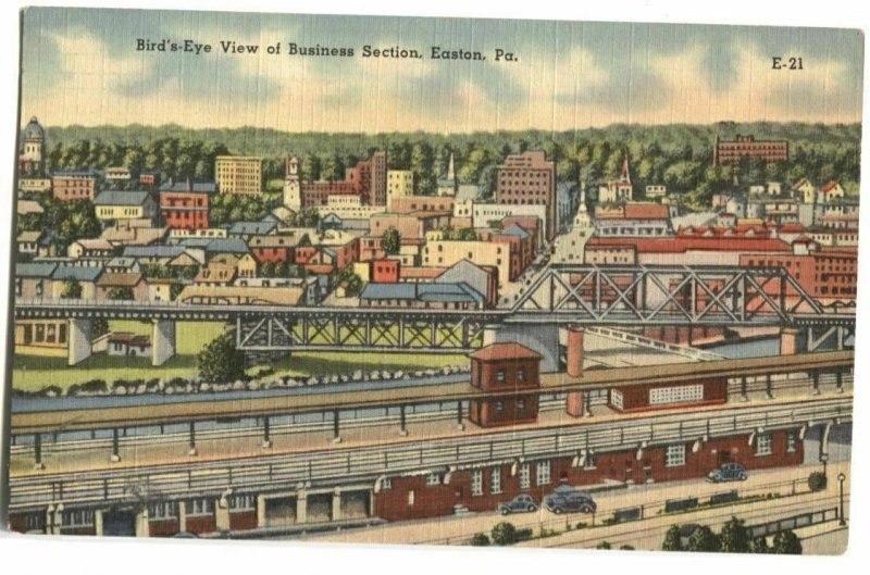 Postcard Bird's Eye View Business Section Easton PA