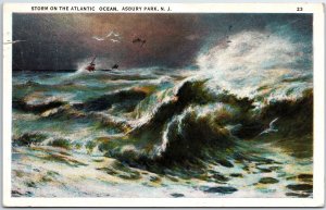 VINTAGE POSTCARD STORM ON THE ATLANTIC ASBURY PARK N.J. 1932 [small tear at LHS]