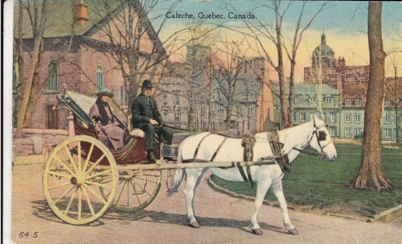 P1920 1935 postcard caleche horse & wagon town view old stamp quebec canada