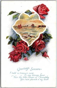 1923 Greetings Sincere Red Roses Oceanscape Sailboats Posted Postcard