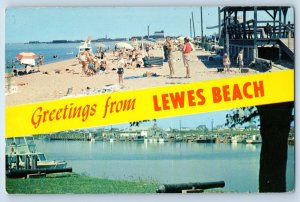 1960 Lewes Beach Delaware DE Postcard Greetings Dualview Resort Waterway Yacht