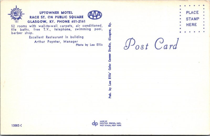 Postcard Quality Courts Uptowner Motel Restarant Glasgow KY Kentucky 1968 JE21