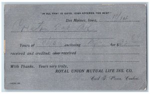 Des Moines IA Creston IA Postal Royal Union Mutual Life Ins Co. c1900's