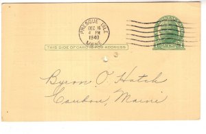 US Postal Stationery Jefferson 1C , Used 1940, Presque Isle Maine