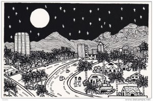 AS; Pen and Ink Drawing by: Dorothy Goldstein, Moon over Phoenix Arizona, 1990