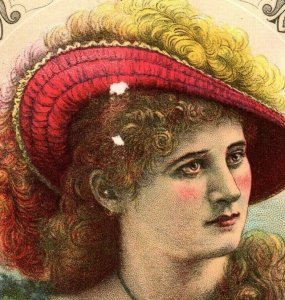 1880s Victorian Trade Card Manne & Bro. Lovely Lady Feathered Hat 7D