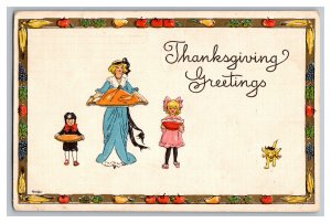 c1914 Postcard Thanksgiving Greetings Mom Kids Holding Turkey Food Dog With Bone