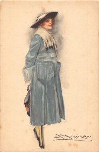 Fashion Glamour Art by Mauzan Lady Woman Blue Raincoat Hat postcard C329