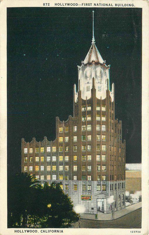 C-1929 Hollywood California First National Bank Building Western Night 10320