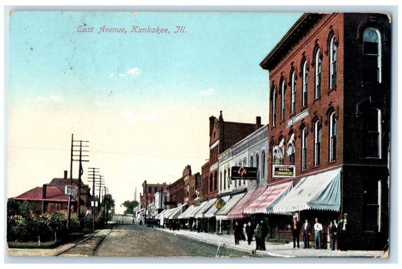 1910 East Avenue Business Street People On Sidewalk Kankakee Illinois Postcard