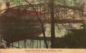 VINTAGE POSTCARD VIEW FROM THE RAILROAD BRIDGE AT WATERBURY CT FLAG CANCEL 1910s