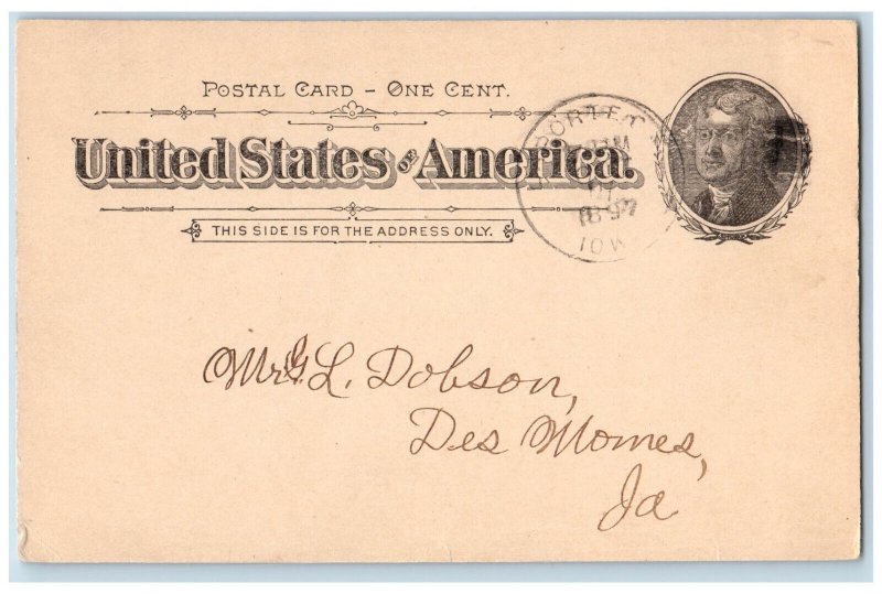 La Porte City IA Des Moines IA Postal Card Mina Quackenbush 1897 Antique Posted