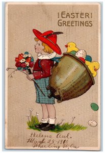 1910 Easter Greetings Little Boy With Basket Egg Chicks Flowers Antique Postcard