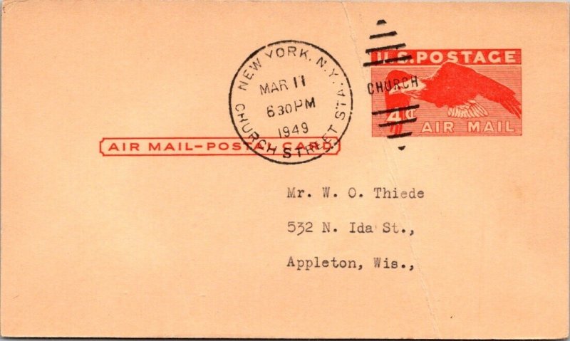 1949 Postal Card New York to Appleton Wisconsin JT3