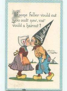 Pre-Linen BOY WEARING DUNCE CAP KISSES GIRL AC1797