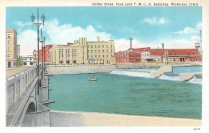 Waterloo, Iowa IA   CEDAR RIVER, DAM & YMCA  City View~Bridge  ca1940's Postcard