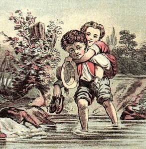 c1880 DUNN & MURRAY TRENTON NJ BOY GIRL WADING STREAM LOVE TRADE CARD P1242