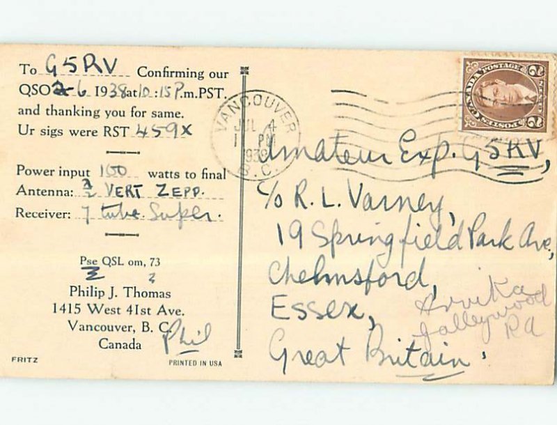 1930s QSL RADIO CARD Vancouver British Columbia BC AH3154