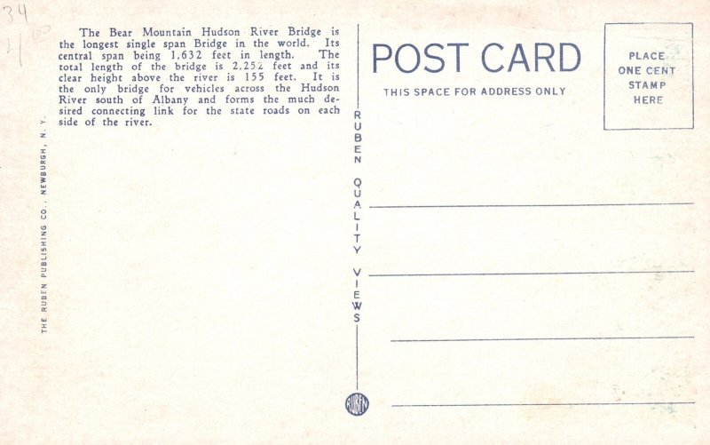 Looking South State Road Bear Mountain Hudson River Bridge NY Vintage Postcard