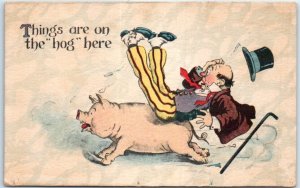 Postcard - Things are on the hog here with Man Falling Pig Cartoon Art Print