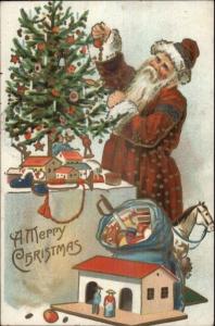 Christmas - Santa Claus Red & Gold Coat Decorating Tree c1910 Postcard