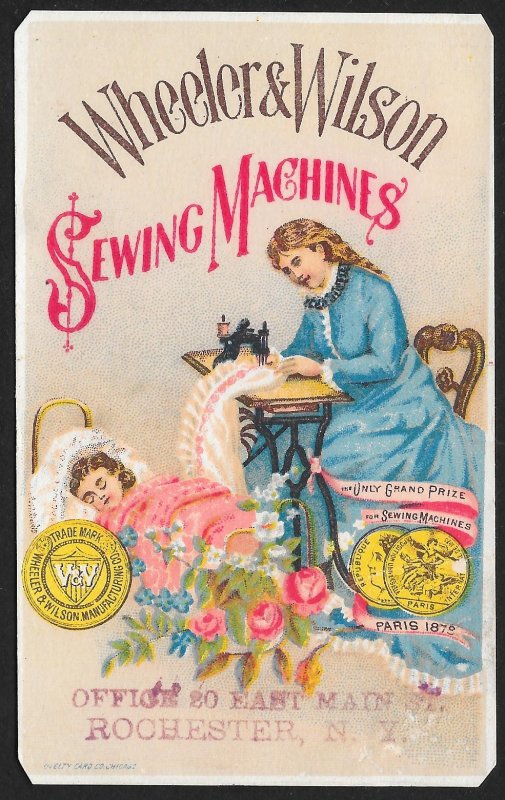 VICTORIAN TRADE CARD Wheeler & Wilson Sewing Machines Lady Sewing Sleeping Child