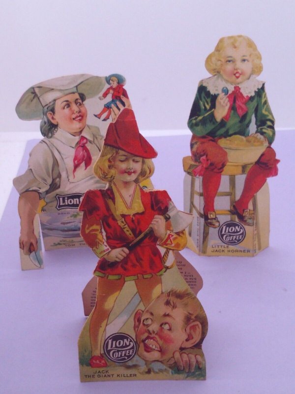 1800s Lot of 3 Lion Coffee Stand Up Dolls Die Cut Toy Nursery Rhimes Trade Cards