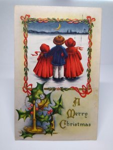 Christmas Postcard Whitney Children Look At Crecent Moon Nighttime Has Creases