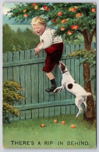 1910's Young Boy Bitten By The Dog Fence There's A Rip In Behind Posted Postcard