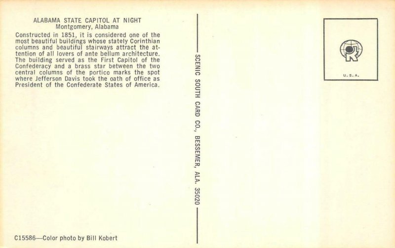 MONTGOMERY, AL Alabama  STATE CAPITOL~Lighted Night View c1960's Chrome Postcard