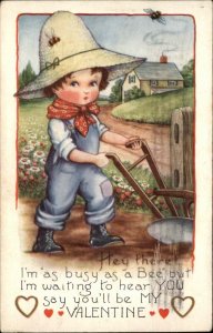 Whitney Valentine Little Boy Farmer Plowing Field c1920 Vintage Postcard