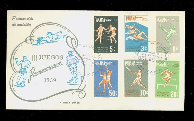 Panama #430-2,C224-6 1959 PanAmerican Games FDC Smith Cachet PH1286