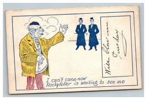 Vintage 1900's Comic Postcard Bum with 2 Rich Men Rockyfeller is waiting Funny