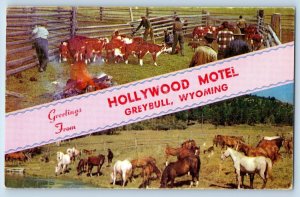 Greybull Wyoming WY Postcard Greetings From Hollywood Motel c1960 Vintage Cattle