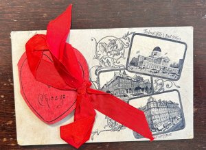 1907 Chicago Souvenir Folder Postcard Pull-Out Views Heart Tag Ribbon