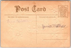 Christmas Children Fireplace Stocking Holly Leaf Cherry Postcard