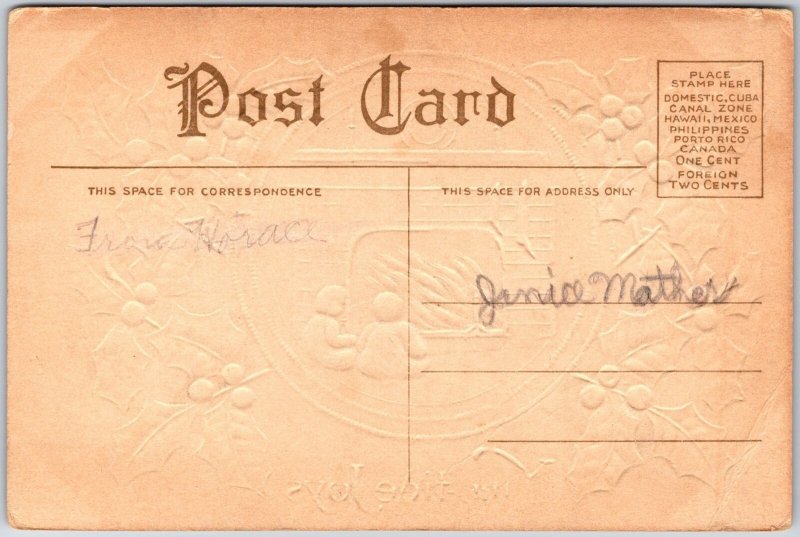 Christmas Children Fireplace Stocking Holly Leaf Cherry Postcard