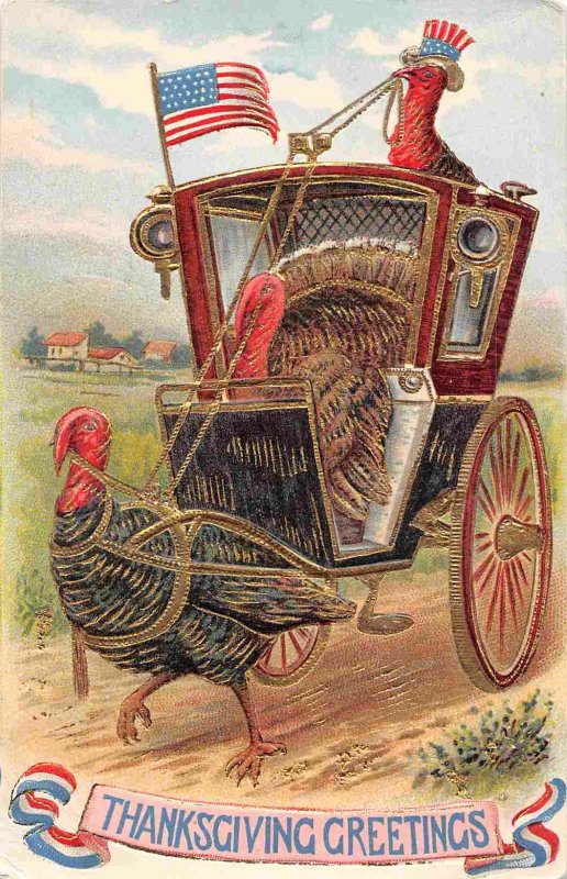 Turkey Hansom Cab Stars & Stripes Thanksgiving Greetings 1912 embossed postcard