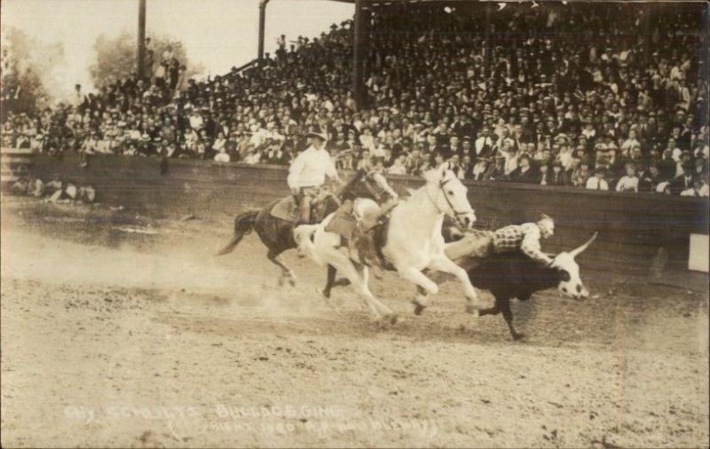 Rodeo Cowboy Schultz Bulldogging c1920 Real Photo Postcard dcn 