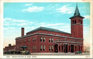 Postcard Texas EL Paso Union Train Station Railroad Trains Old Cars 1920s S48