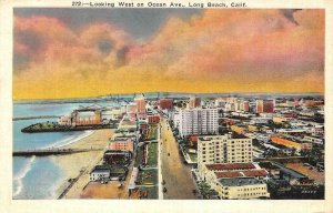 LONG BEACH, California CA   OCEAN AVENUE  Beach~Orange Sunset  1935 Postcard