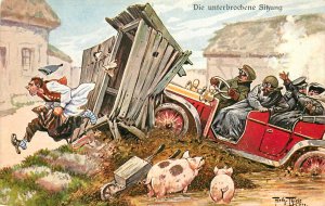 S/A Arthur Thiele Postcard Die Unterbrochene Sitzung Car Crashes into Outhouse