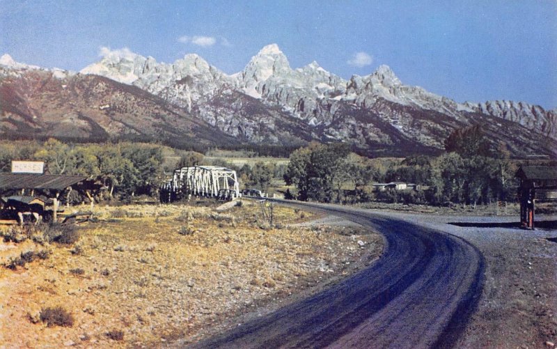 Jackson Hole, Wyoming Teton Mountain Range Highway Bridge 1950s Vintage Postcard
