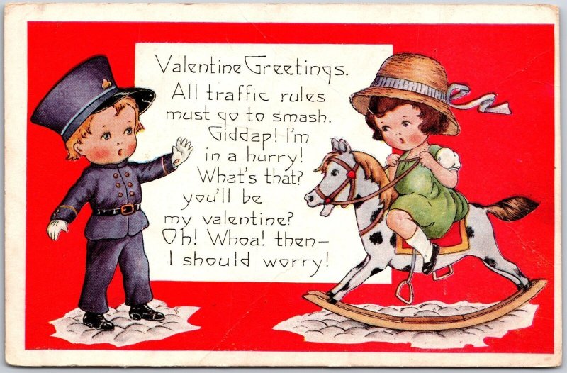 1920's Valentine Greetings Girl Riding The Play Horse Posted Postcard