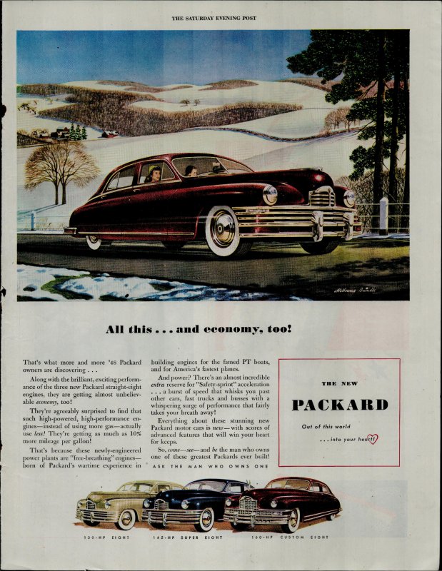 1948 Packard Car 160 HP Custom Eight 145 HP Super Eight Vintage Print Ad 3765