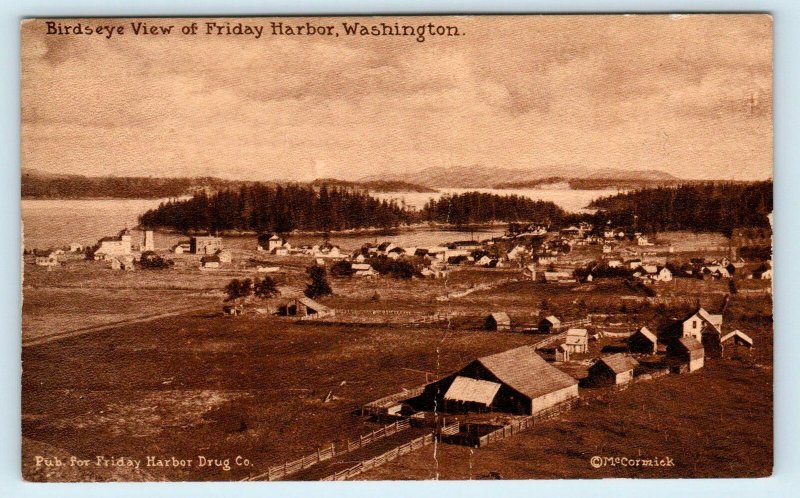 FRIDAY HARBOR, WA~ BIRDSEYE VIEW c1910s San Juan County Mitchell Sepia  Postcard