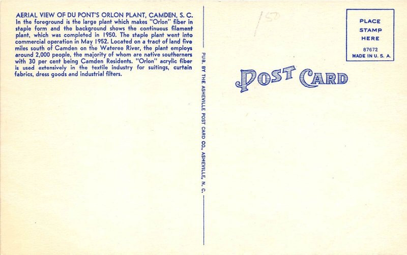 Camden South Carolina 1940s Postcard Aerial View DuPont's Orlon Plant