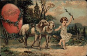 Easter Children Sheep Wagon Egg Embossed Vintage Postcard